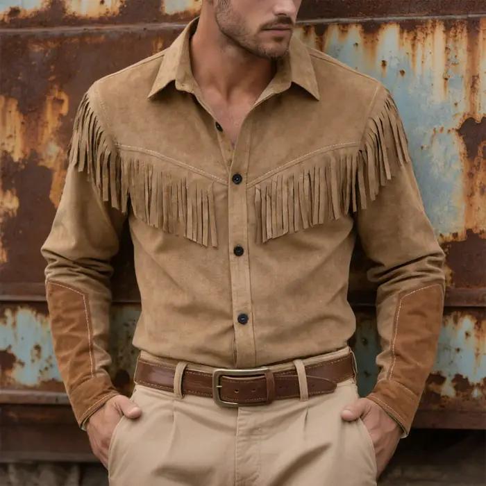 T-shirts Cowboy pour Hommes – Veste en Daim Vintage à Franges, Manches Longues, Boutons – Tenue Décontractée pour Fêtes – Hauts Populaires pour Homme