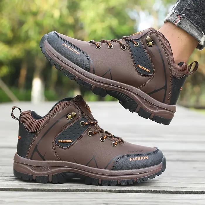 Vente chaude! Bottes d'extérieur en cuir marron pour hommes, chaussures de randonnée, Support de cheville, semelle épaisse, Camping, randonnée, aventure, Design 2025