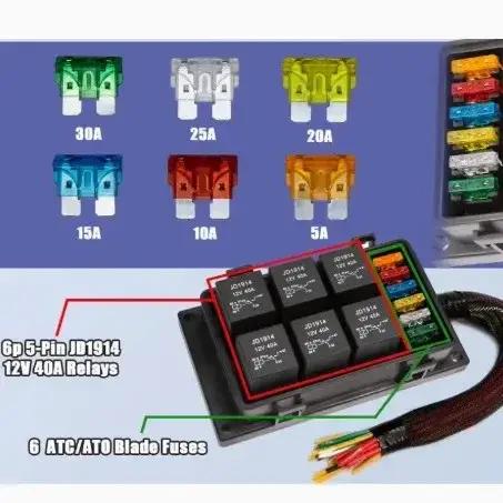 Boîte de relais étanche 12V-24V pour accessoires de voiture convertibles avec mise à niveau des fusibles pré-câblés et boîte à fusibles à relais à 6 voies