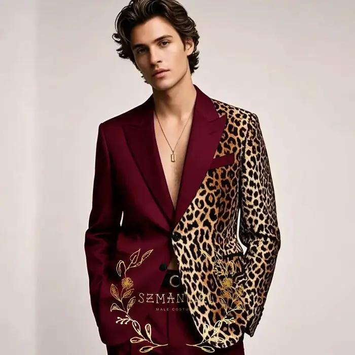 Costumes noirs formels homme imprimé léopard revers à pointe coupe cintrée veste 2 pièces pantalon mariage smoking vêtements masculins occasions spéciales