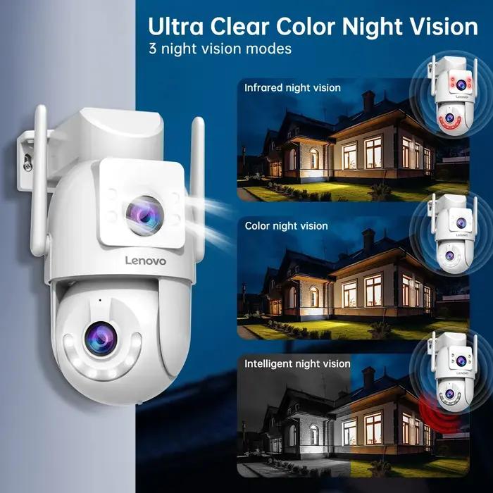 Caméra de sécurité extérieure WiFi PTZ Lenovo 4MP HD double écran suivi automatique pour surveillance vidéo audio
