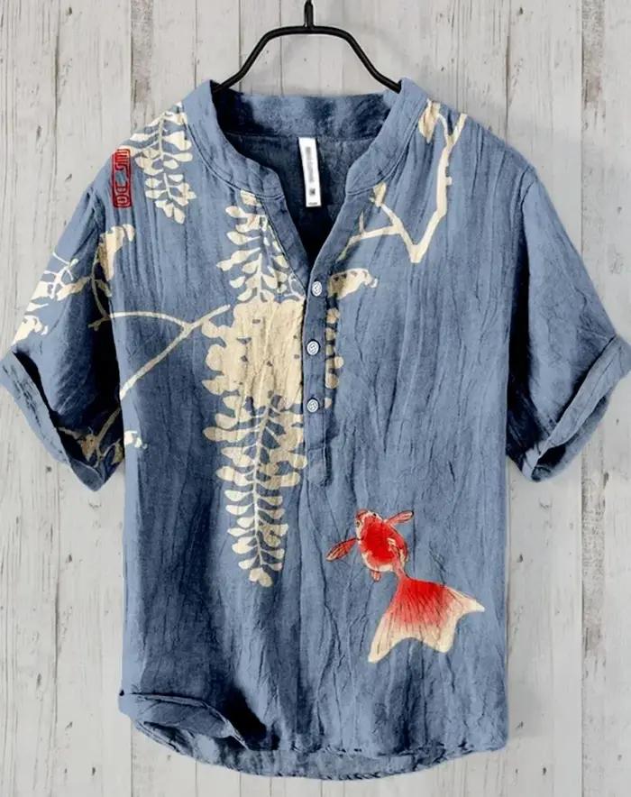 Henry chemise-chemise en lin à manches courtes pour hommes hauts nouvel été T-shirt style décontracté motif de poisson imprimé vêtements de mode Europe
