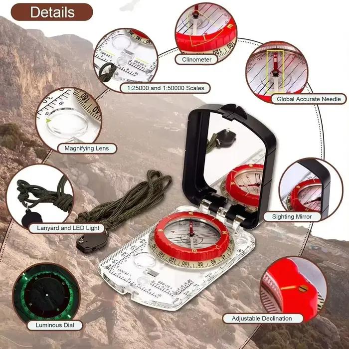 Boussole de visée à miroir inclinable réglable avec veilleuse pour randonnée lecture carte camping survie chasse alpinisme