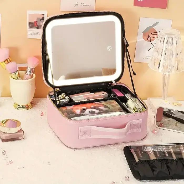Trousse de maquillage étanche avec miroir LED et fermeture éclair pour voyageurs occasionnels et amoureux de la beauté
