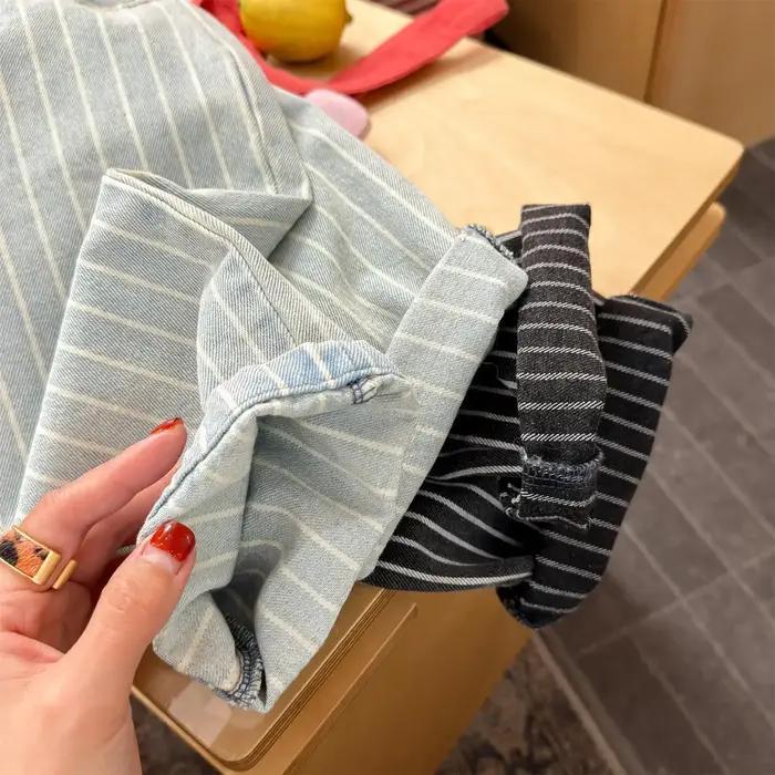 Jean rayé en Denim extensible doux pour enfants, pantalon à poignets enroulables à taille élastique