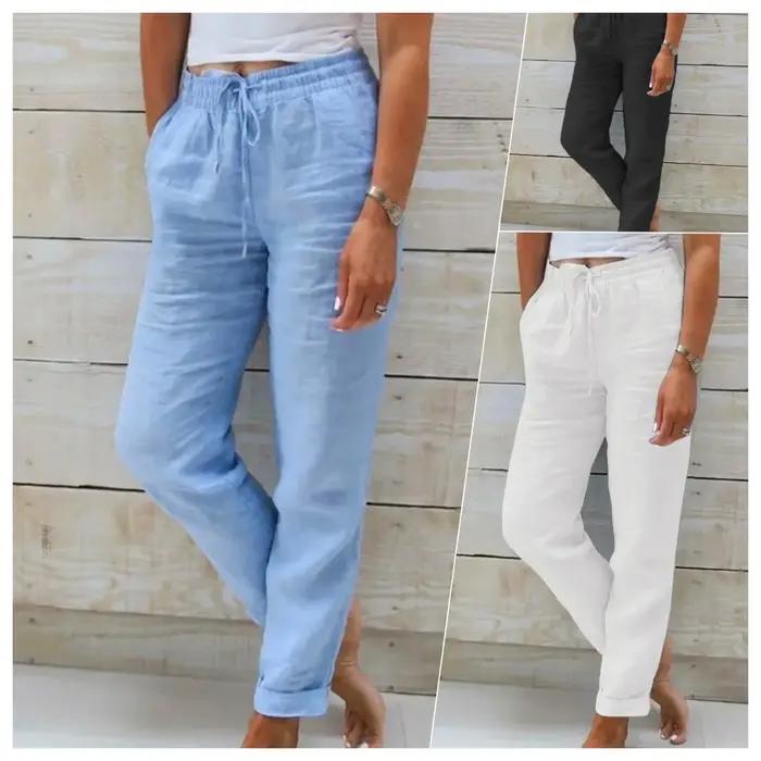Pantalon d'été en coton et lin pour femme, taille haute élastique, décontracté, streetwear, couleur