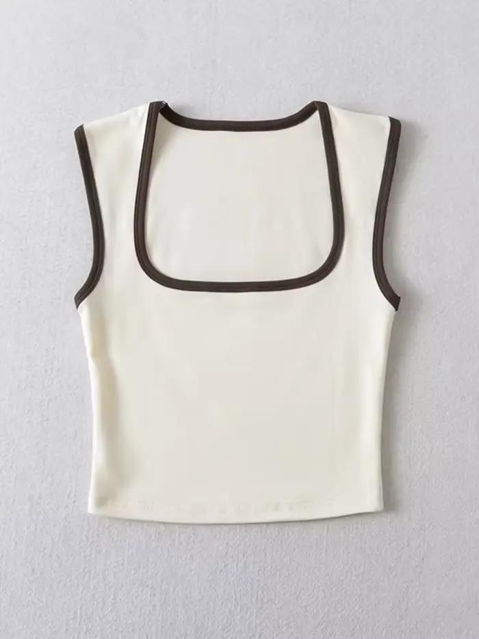 Débardeur sans manches pour femme, Slim, couleur contrastée, décontracté, col carré, haut court, vêt