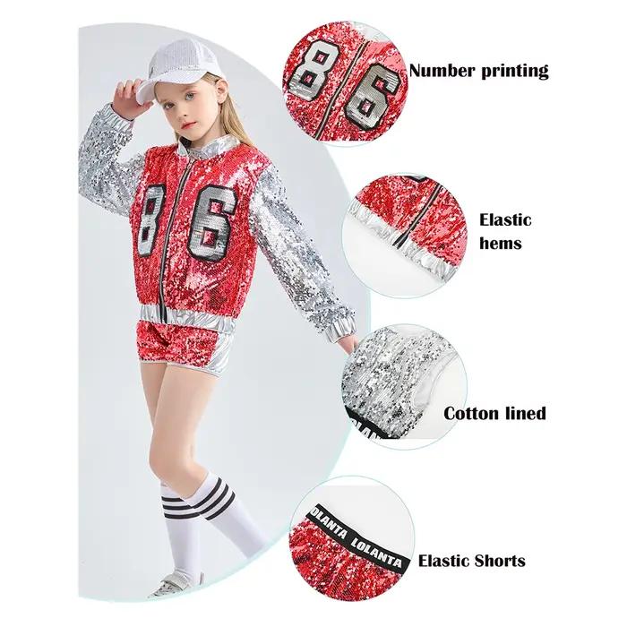 LOlanta 4-14 ans filles rose paillettes Crop Tops short veste Costume de danse Hip Hop moderne Jazz