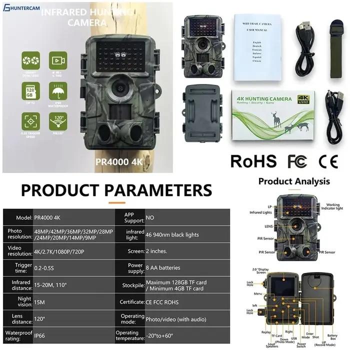 Caméra de chasse 4K 60MP PR4000, étanche IP66, vision nocturne, caméra de surveillance de la faune, 34 LED, caméra de sécurité domestique