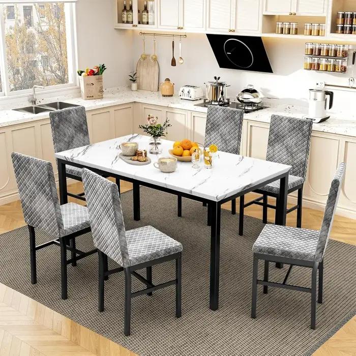 Ensemble de table à manger 7 pièces pour 6 personnes avec chaises en mousse de velours, ensemble de