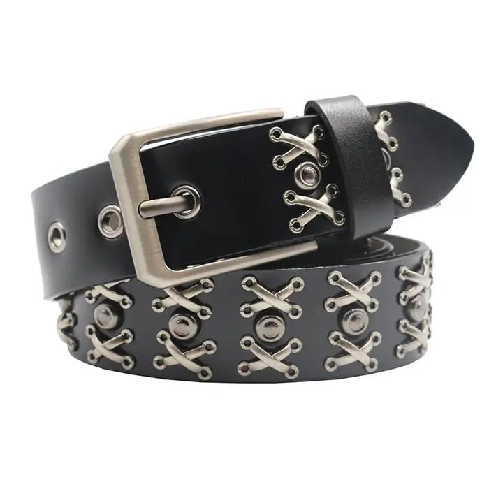 Rivet en métal Cowboy Ceinture en cuir véritable peau de vache hommes Ceinture Punk Rivet jean ceint