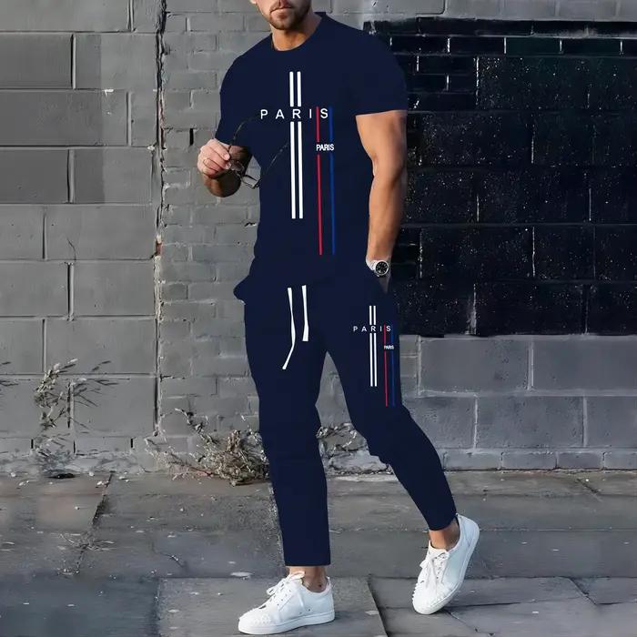 Ensemble sportif décontracté pour hommes, T-shirt et pantalon en polyester imprimé pour les sports et les activités de plein air