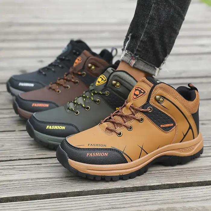 Vente chaude! Bottes d'extérieur en cuir marron pour hommes, chaussures de randonnée, Support de cheville, semelle épaisse, Camping, randonnée, aventure, Design 2025