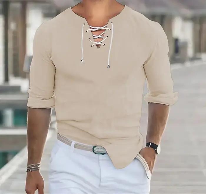 Nouvelle Collection : Chemises Homme Simples à Manches Longues, Col V Tendance avec Lacets, Hauts Dé