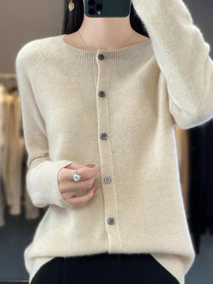 Cardigans en laine mérinos pour femmes, pull en cachemire, col rond, manches longues, tricot, vêteme
