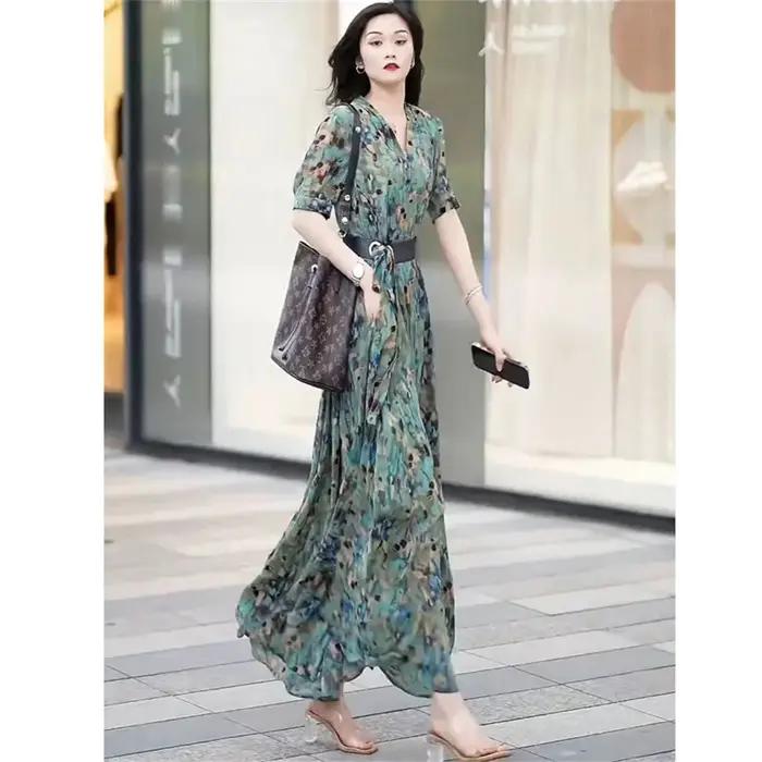 Robe longue imprimée à manches mi-longues pour femmes