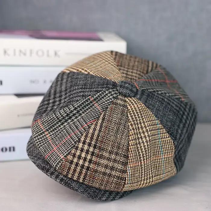 Chapeaux de journal en laine pour hommes et femmes, casquette octogonale Vintage à chevrons, bérets