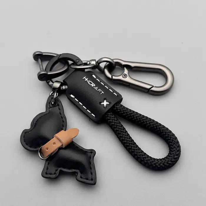 Porte-clés bouledogue français en cuir véritable fait à la main