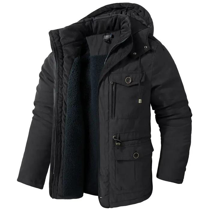 Manteau mi-long en coton épais pour homme veste d'hiver décontracté avec capuche et poches multiples pour l'automne et l'hiver occassions spéciales