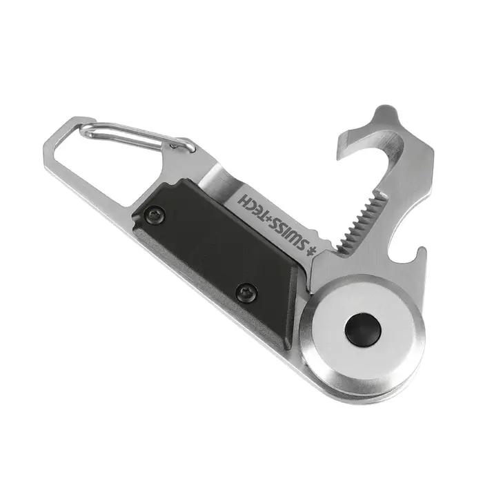 Mousqueton multi-outils de poche 6 en 1 SWISS+TECH avec coupe-boîte, scie, tournevis et ouvre-bouteille pour camping, randonnée et activités de plein air