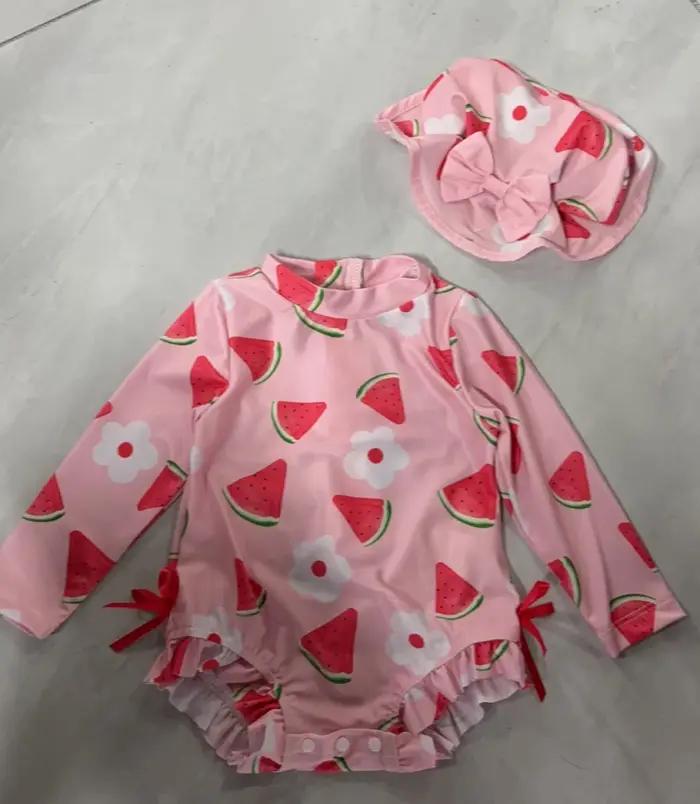Vêtements de bain pour bébé fille, maillot de bain à manches longues avec imprimé fruits, maillot de bain pour nourrissons avec chapeau de soleil