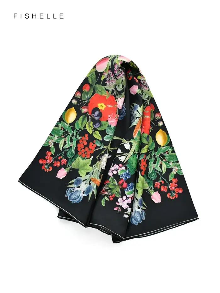 Foulard en soie naturelle sergé imprimé de fruits et fleurs pour femmes, carré, bandana, châle, cade