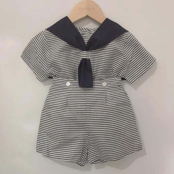 Boutique de vêtements pour enfants, tenue espagnole, rayé, bleu marine, manches courtes, en coton et lin, pour sœurs et frères de 0 à 6 ans