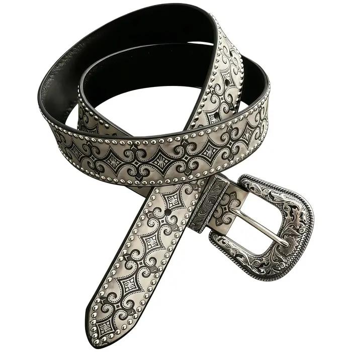 Ceinture en cuir cloutée à motifs vintage avec motifs floraux gris, texture haut de gamme, style hip