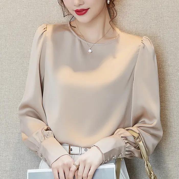 Chemise en soie glacée à manches longues et col rond pour femmes, chemisier monochrome en satin acétate, grande taille, occassions professionnelles et spéciales