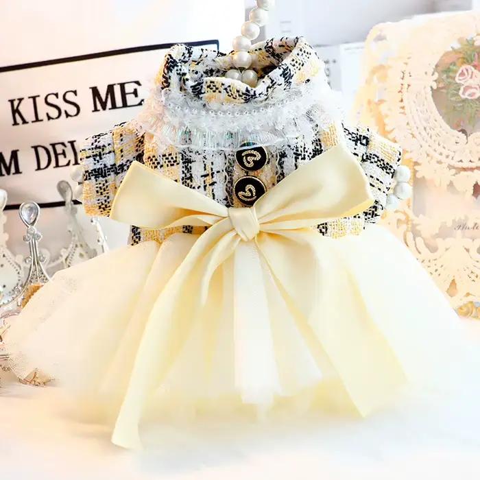 Robe princesse en coton et élasthanne pour chiens et chats, jaune, style automne-hiver, tenue de princesse élégante pour animaux de compagnie