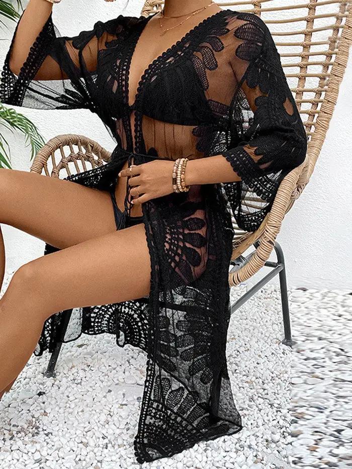 Kimono plage femme dentelle transparente broderie florale robe couverture été plage vacances