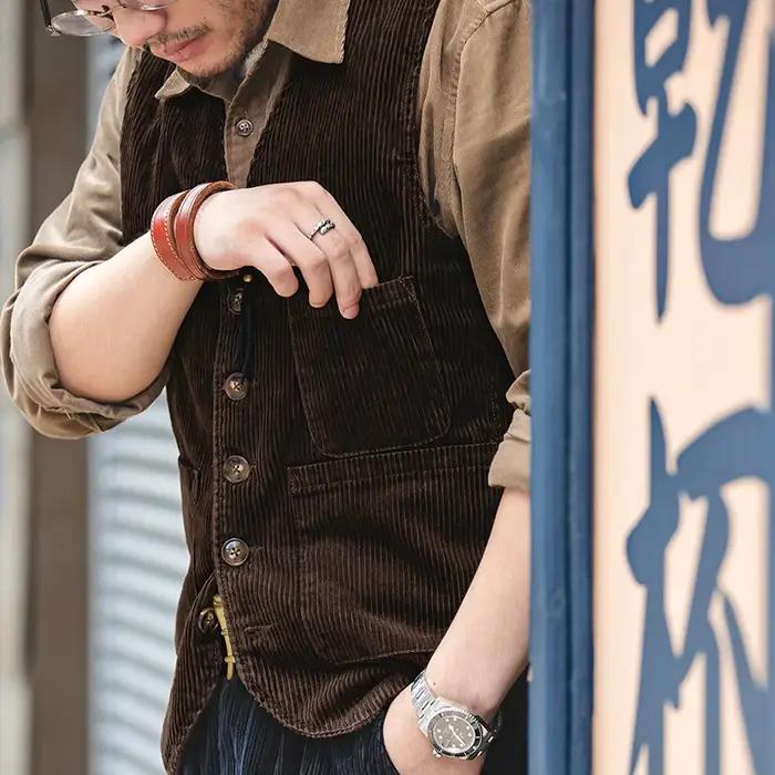 Gilet en velours côtelé vintage Maden décontracté avec col en V pour homme, vêtement d'extérieur polyvalent, idéal pour printemps et automne, occasions professionnelles et loisirs
