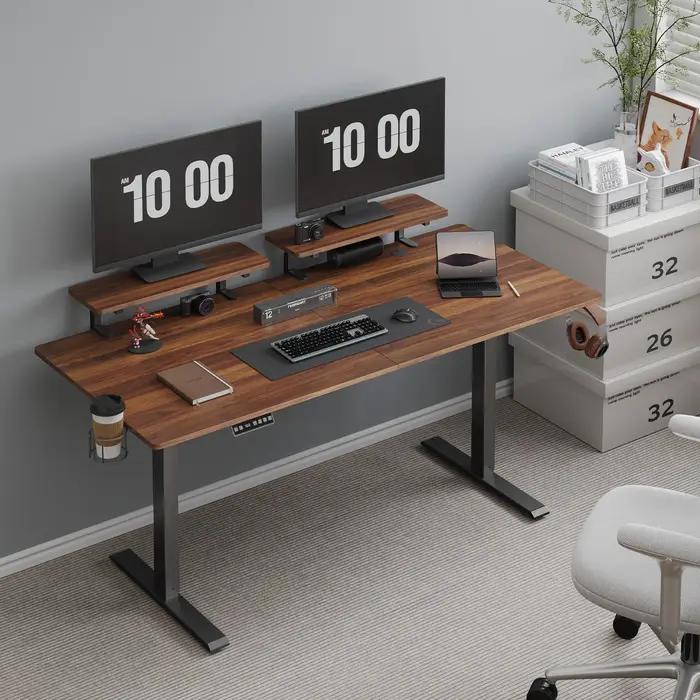 Bureau debout avec 2 étagères réglables pour moniteur, bureau électrique avec contrôleur de mémoire,