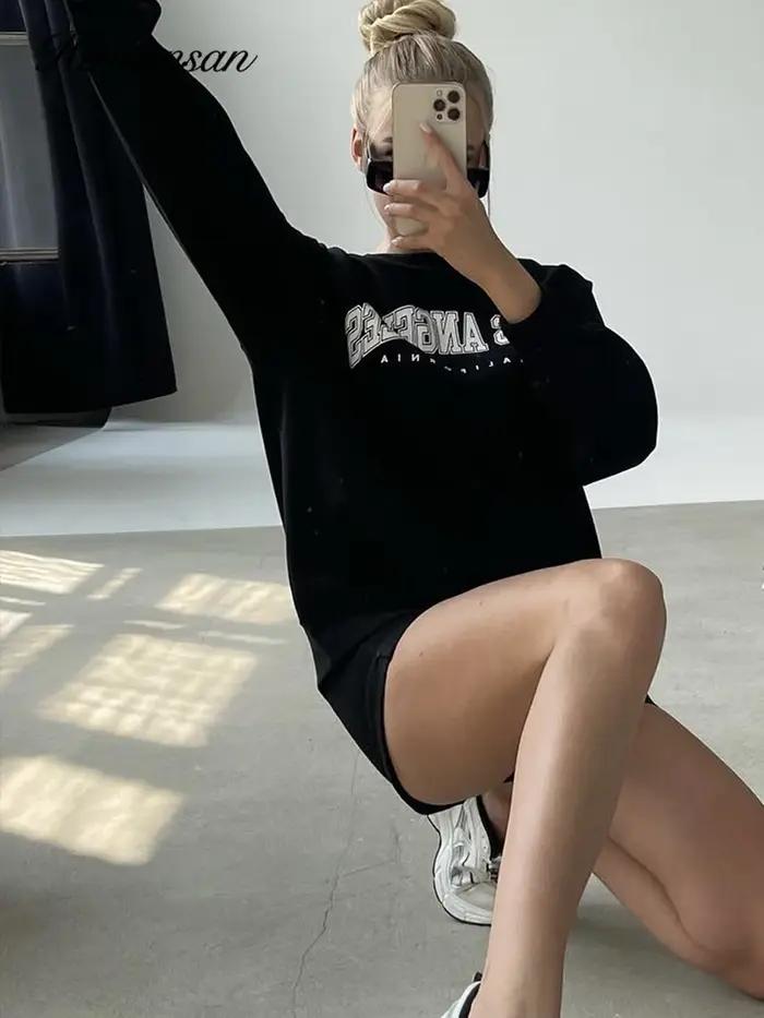Hirsionsan-Sweat-shirt 35% coton imprimé lettre pour femme, pulls basiques, sweats à capuche coréens