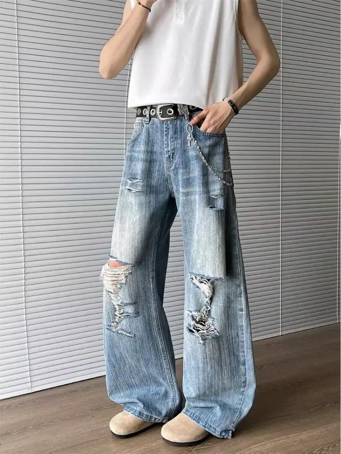 2025 Trashy Y2K Streetwear lavé bleu Baggy déchiré jean pantalon pour hommes 90S Vintage vêtements droit en détresse