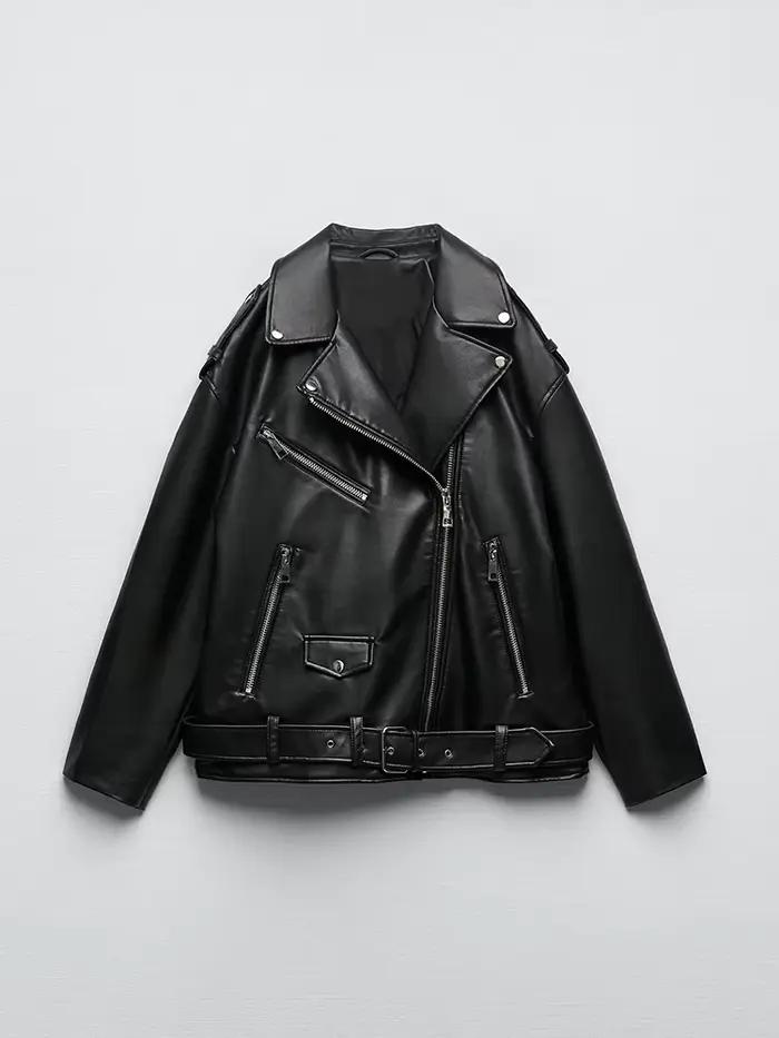 Ailegogo femmes ample moto motard noir Pu Faux cuir veste avec ceinture printemps automne femme mant