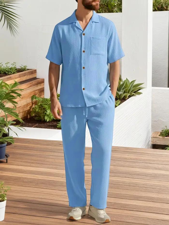 Ensembles décontractés deux pièces pour hommes – Hauts à revers à manches courtes et pantalons longs de couleur unie –