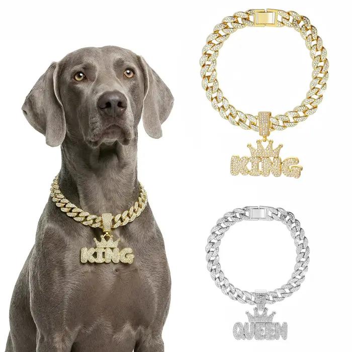 Collier cubain en alliage d'aluminium pour chiens et chats de petite à grande taille bijou pendentif Roi Reine paré de diamants occasions spéciales