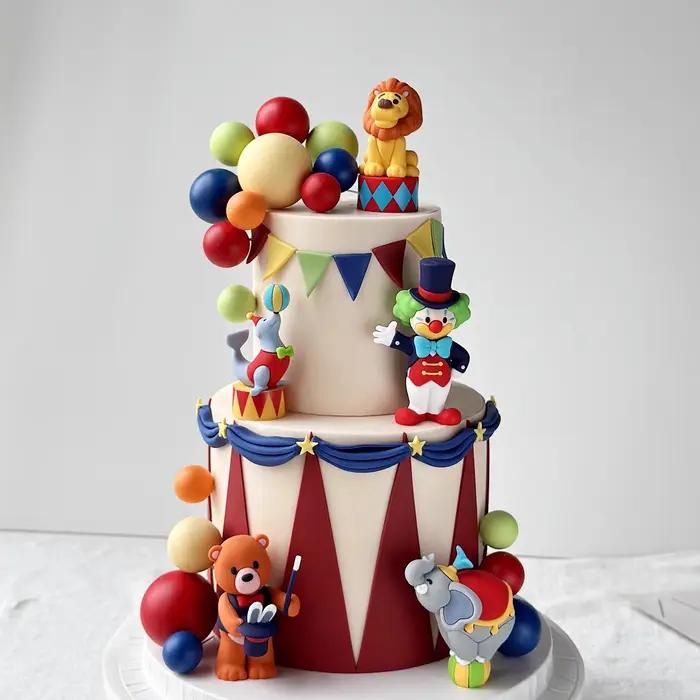 Décoration de gâteau sur le thème du cirque avec Clown, Lion, Éléphant, Lion de Mer, Magicien et Ours pour fêtes d'anniversaire, baptême et révélation du sexe des enfants