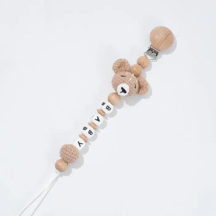 Attache sucette personnalisable crochet ours - Porte-tétine écologique hêtre sécurité bébé