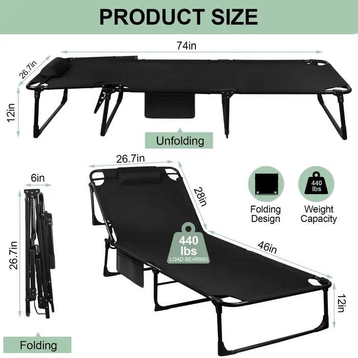 Lit de camping pliant portable – Chaise longue inclinable réglable à 3 positions avec oreiller, lit