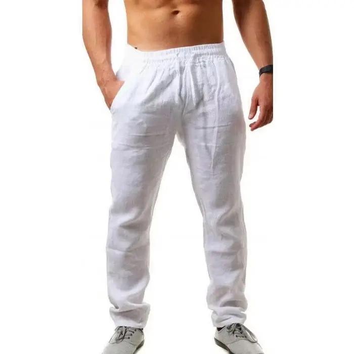 Pantalon homme été coton lin élastique couleur unie - Bas ample respirant casual hip-hop décontracté