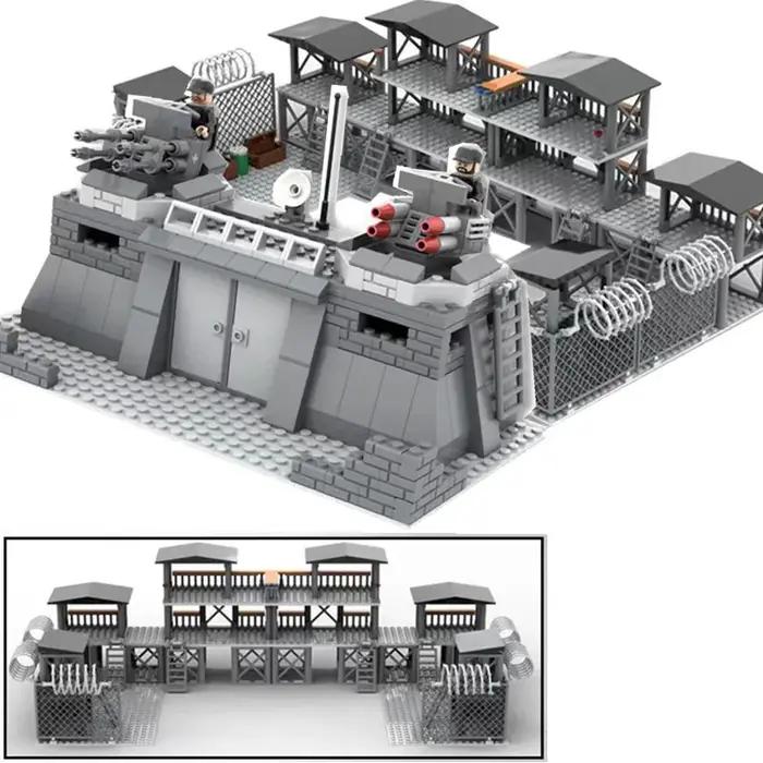 Batterie de construction militaire : Scène de guerre, base, tours de garde, figurines de soldats, armes, blocs, briques, jouets