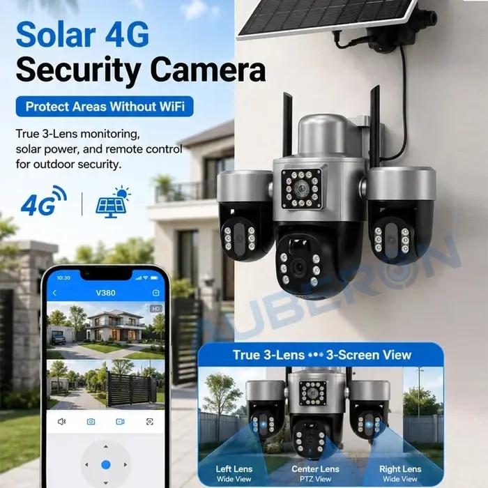 Caméra de sécurité solaire 4G à trois objectifs et trois écrans pour surveillance extérieure sans Wi-Fi, résistante aux intempéries IP66, alimentation solaire, vision nocturne couleur, contrôle à distance via application V380 Pro, idéale pour villas, fermes, entrepôts et cours