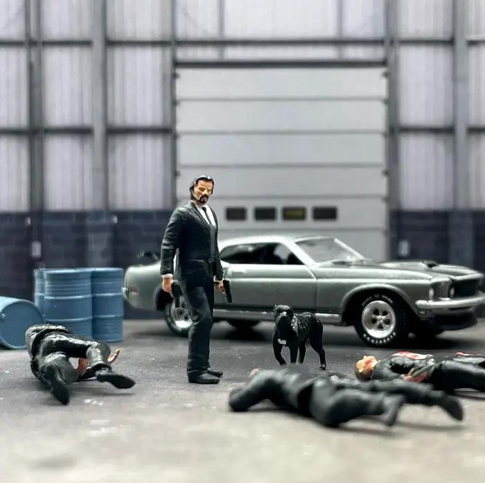 Figurines en résine 1/64 John Wick et Dog pour collection et modélisme, accessoires de photographie créative, cadeaux d'occasion spéciale ```