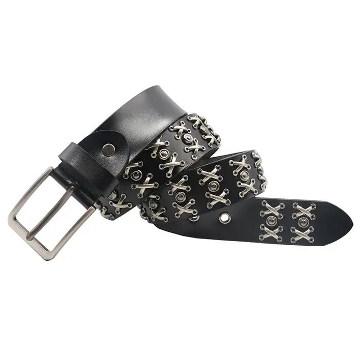 Rivet en métal Cowboy Ceinture en cuir véritable peau de vache hommes Ceinture Punk Rivet jean ceint