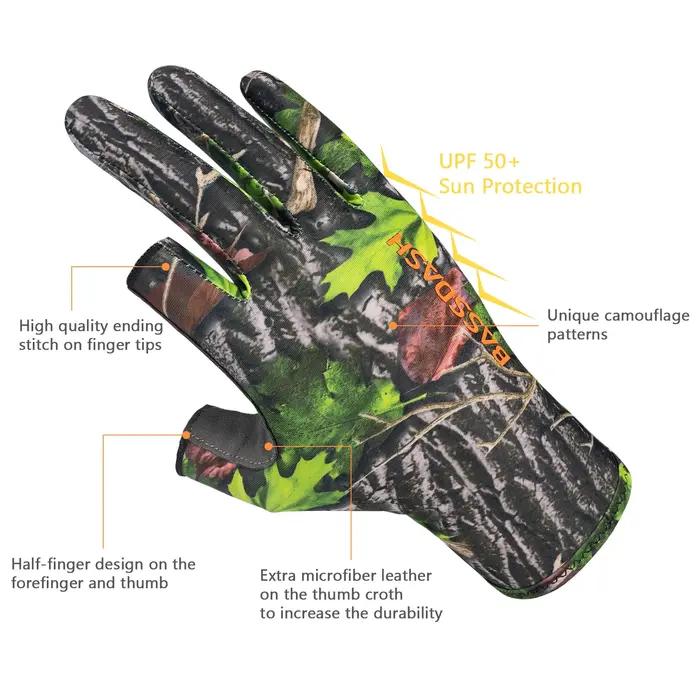 Gants camouflage doigtés Bassdash unisexe chasse début saison UPF 50+ pêche photographie été