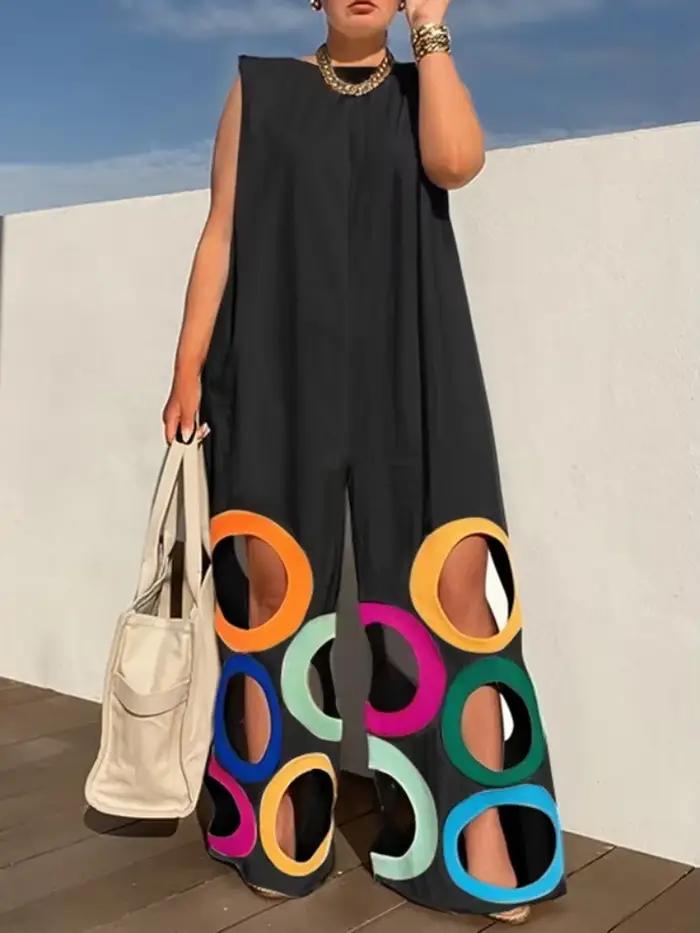 UOOZEE femmes été coloré cercle découpes évider combinaisons sans manches surdimensionné urbain décontracté élégant saut