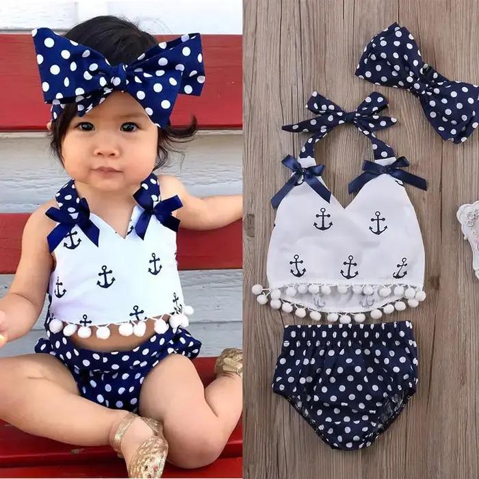 Ensemble de vêtements pour bébés filles, 3 pièces, ancres, chemise en Y, culotte à pois, bandeau