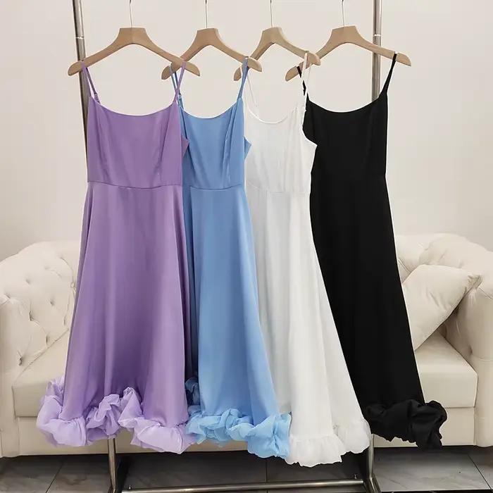 Robe longue élégante à volants pour femmes, jupe trapèze, jupe trapèze, monochromatique, sangle à la